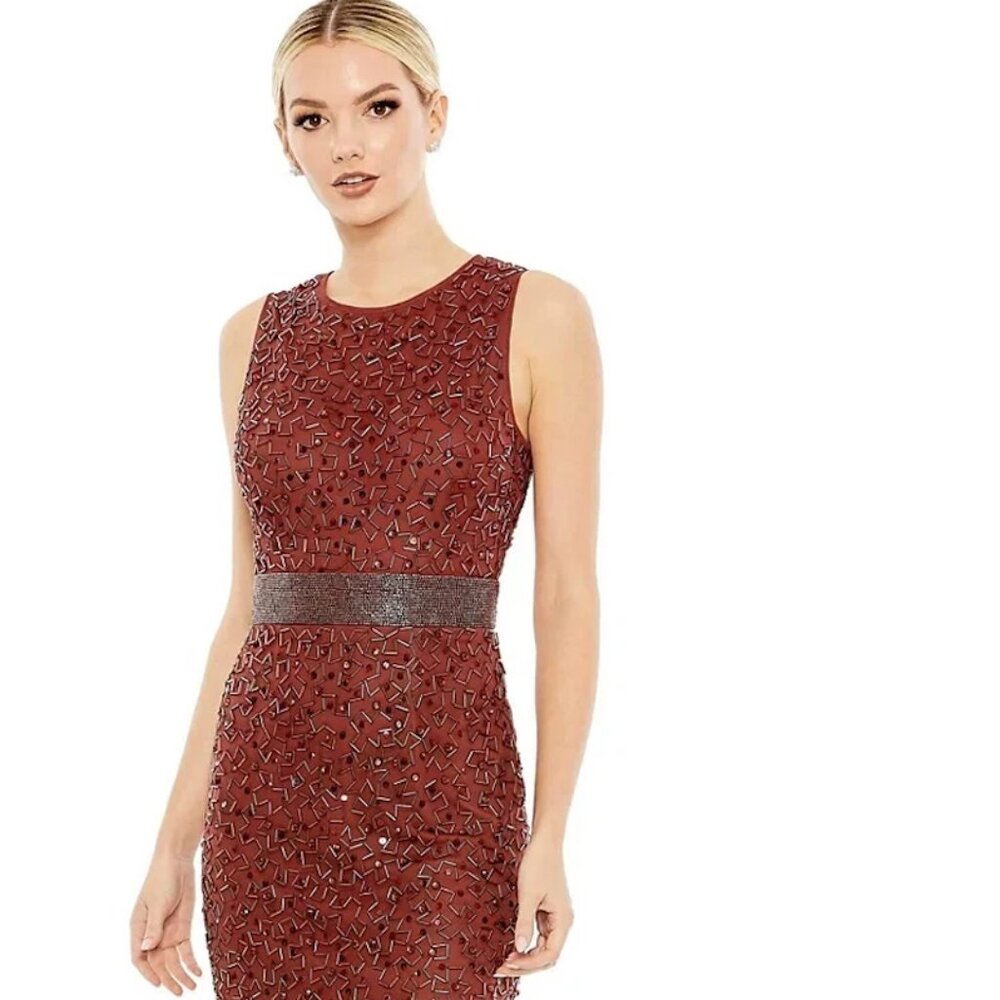 Mac Duggal Women's Size 12 Burgundy Beaded High Neck Midi Sheath Dress